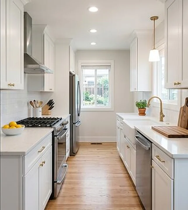After: bright galley kitchen with white cabinets, quartz counters and oak floors