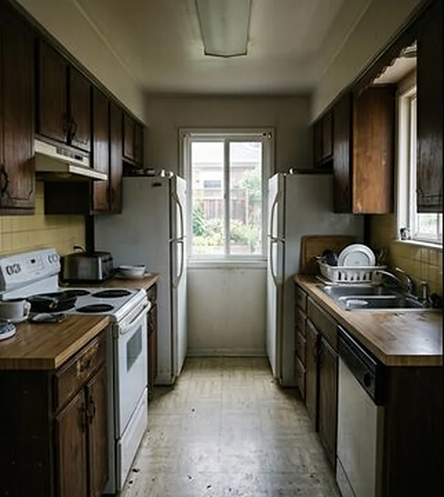 Before: dated galley kitchen with dark wood cabinets and an old white range