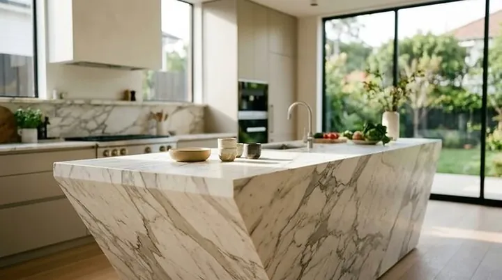 Calacatta marble waterfall island countertop