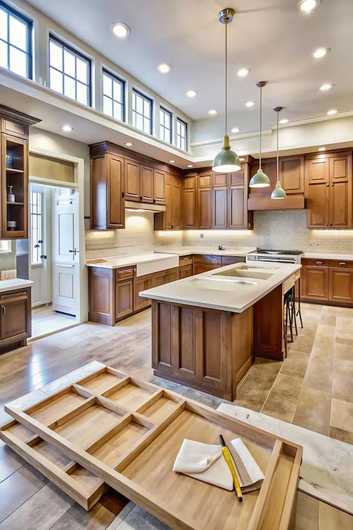 Warm wood cabinetry with a custom drawer organizer