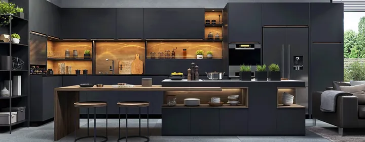 Complete kitchen remodel with navy cabinets, walnut accents and backlit shelving