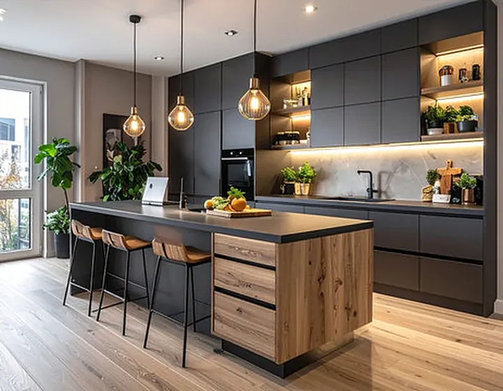 Open-concept kitchen after a wall removal with an oak island