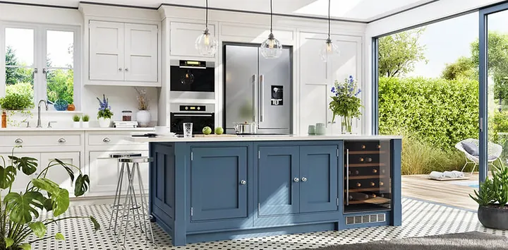 White shaker kitchen with a blue island
